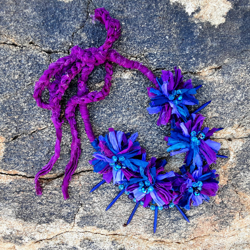 Violet & Vivid Blue1I Sari Ribbon Boho Statement Collar, Gypsy Style, Recycled Sari Silk Ribbon, Gift for Her