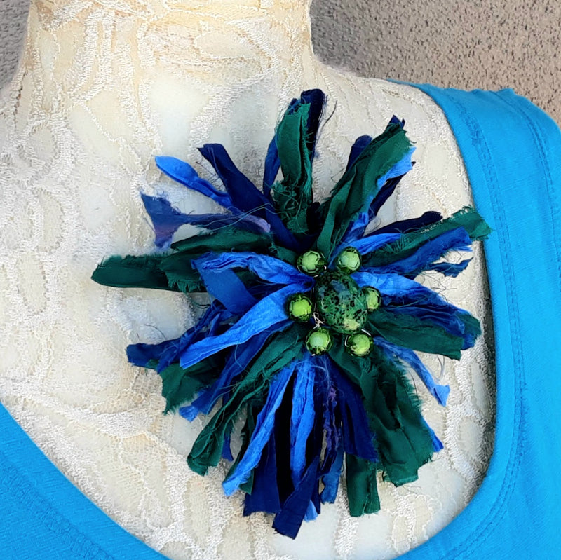 Sari Silk Ribbon Flower Brooch in Blue & Green - Large Star Burst Fabric Pin - Fiber Art Corsage