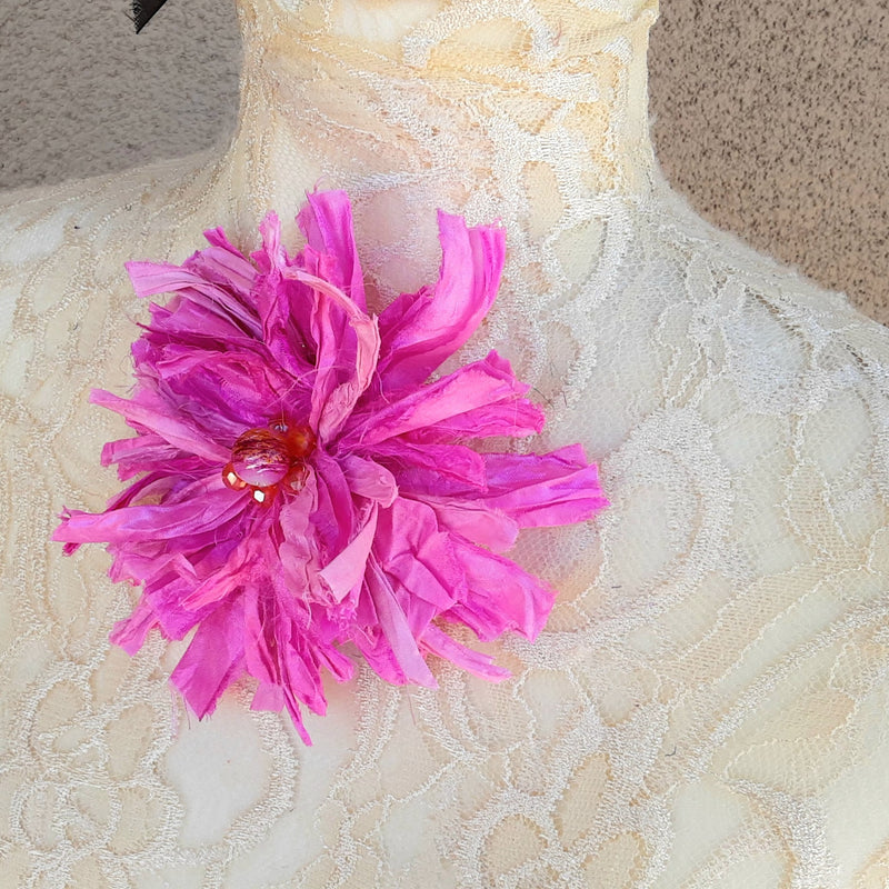 Sari Silk Ribbon Flower Brooch in Lucious Pinks - Large Star Burst Fabric Pin - Fiber Art Corsage