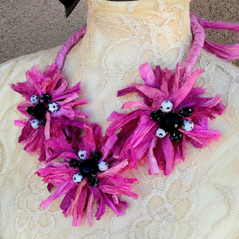 Colorful Pink Silk Flower Statement Necklace - Unique Vintage Button Collar - Fabric Floral Gift for Her