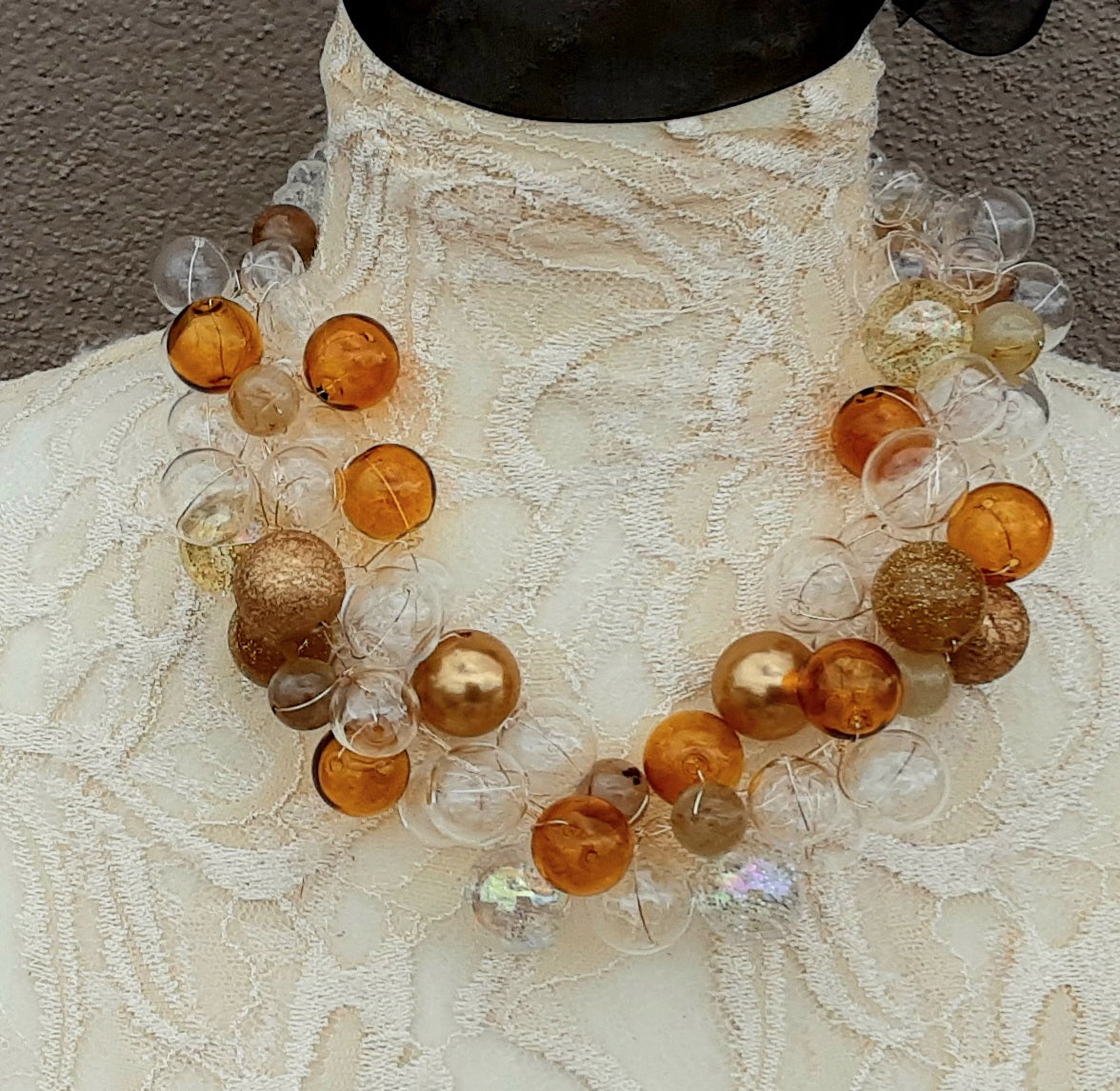 Hand Blown Clear & Bronze Glass Bubble Chunky Wire Statement Necklace - Unique Bridal Collar -  Colorful Gift for Her