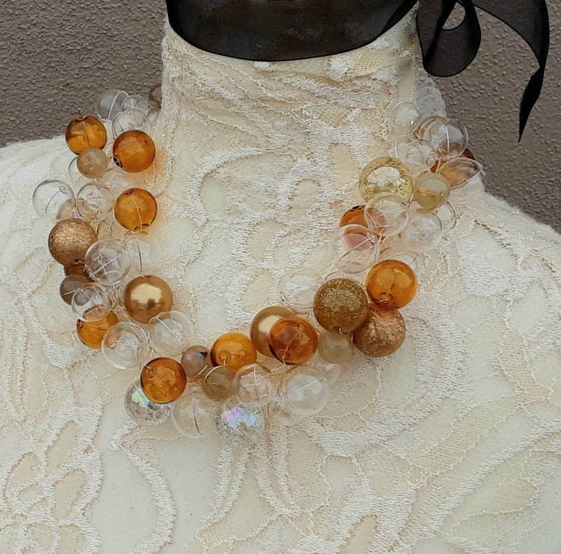 Hand Blown Clear & Bronze Glass Bubble Chunky Wire Statement Necklace - Unique Bridal Collar -  Colorful Gift for Her