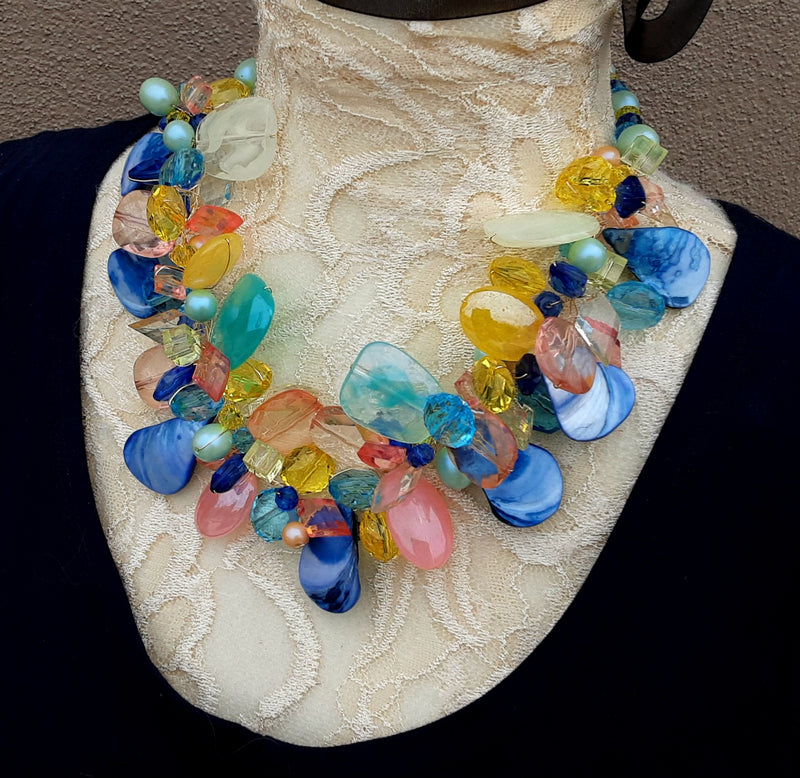 Unique Spring Wire Wrapped Cluster Statement Necklace - Colorful Chunky Gift for Her - Mother of the Bride Bib