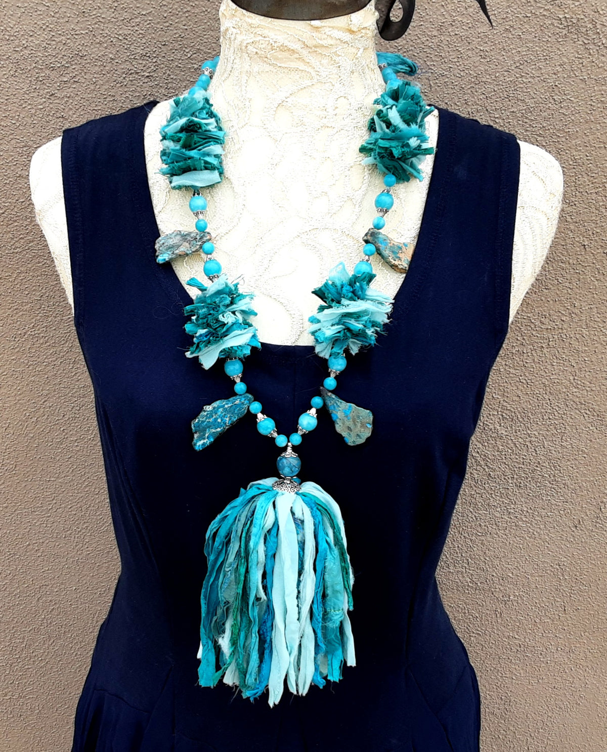 Boho Sari Silk Ribbon Tassel Statement Necklace - Jasper Stones & Amazonite Beaded Sautoir - Special Gift for He
