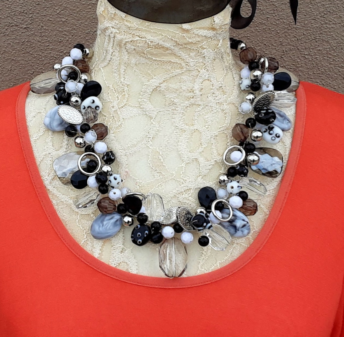 Black and White Beaded Twisted Wire Statement Necklace - Mother of the Bride Collar - Unique Gift for Her