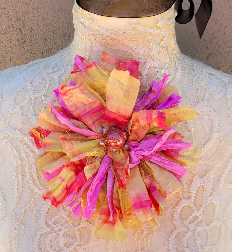 Colorful Flower Brooch and or Hair PIn - Large Floral Pin - Sari Silk Ribbon Art Corsage - Recycled Fabric Hair Accessory