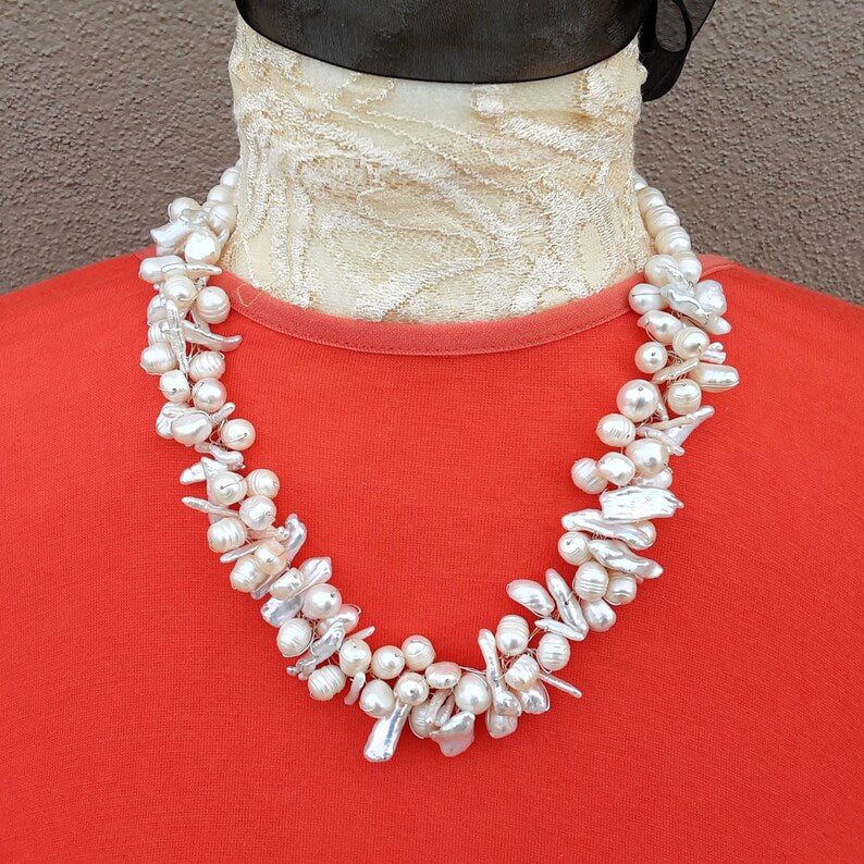 Freshwater Pearl Multi-strand Necklace, Unique Chunky Statement Necklace, Bridal Statement Collar, Evening Cocktail Bib, Gift for Her