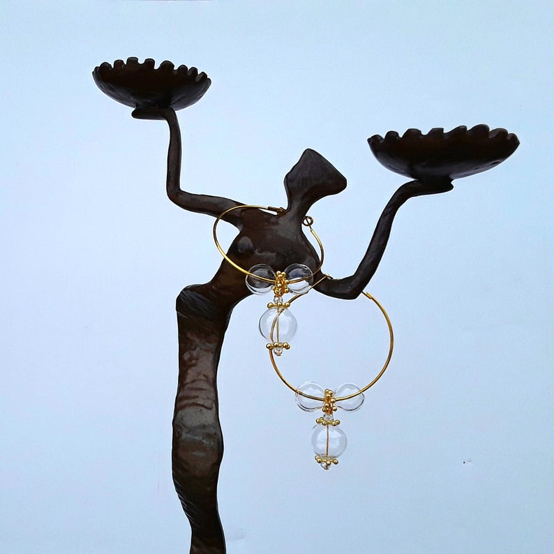 Hand Blown Glass Bubble Hoops 18K Gold or Silver Plated Statement Earrings - Bridesmaid Gift