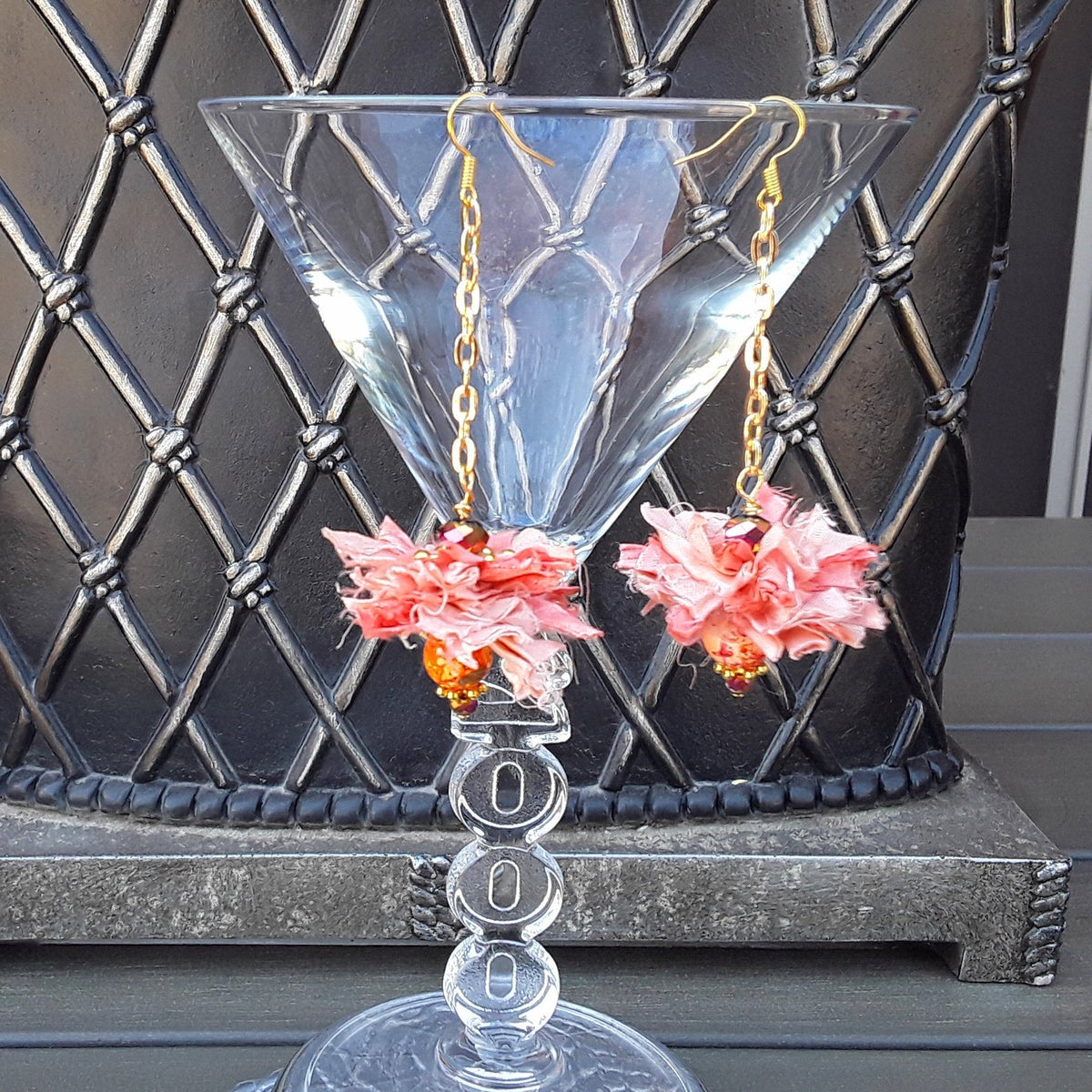 Peach Sari Silk Ribbon Dangle Flower Statement Earrings - Boho Fabric Earrings