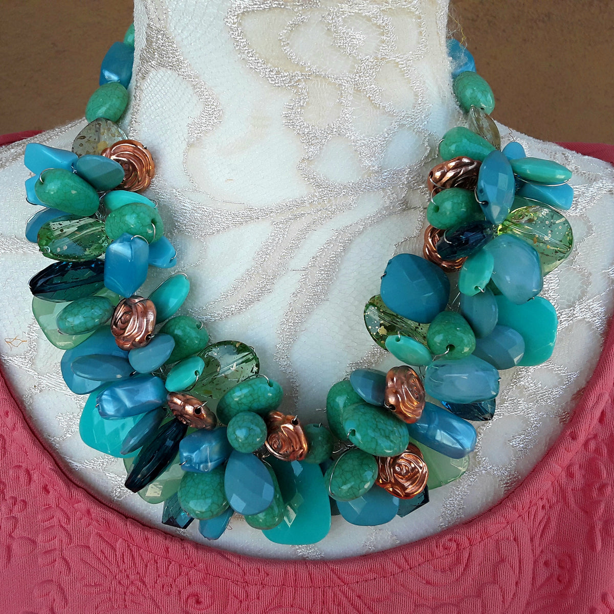 Unique Chunky Turquoise Statement Necklace, Colorful Collar, Mother of the Bride Collar