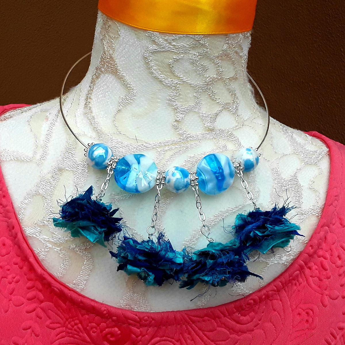 Boho Blue Sari Silk and Murano Glass Statement Wire Choker - Unique Gift for Her