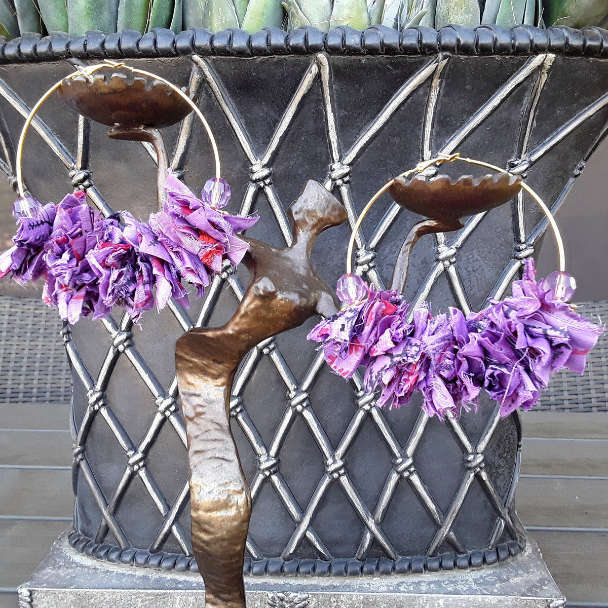 Violet Huge Hoop Gold Plated Statement Earrings - Sari Silk Boho Fabric Earrings