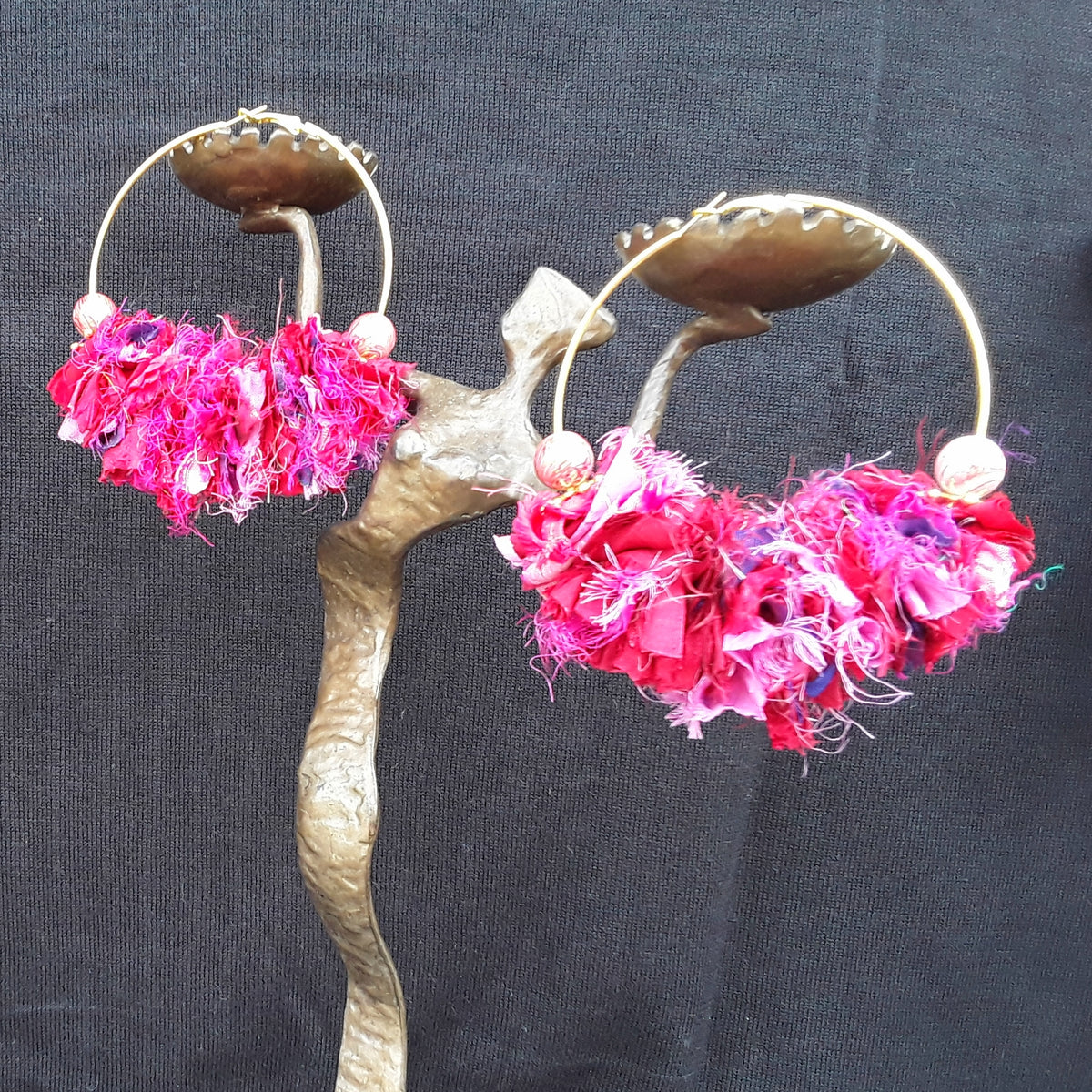 Fuschia Sari Silk Ribbon Huge Boho Gold or Silver Hoop Statement Earrings