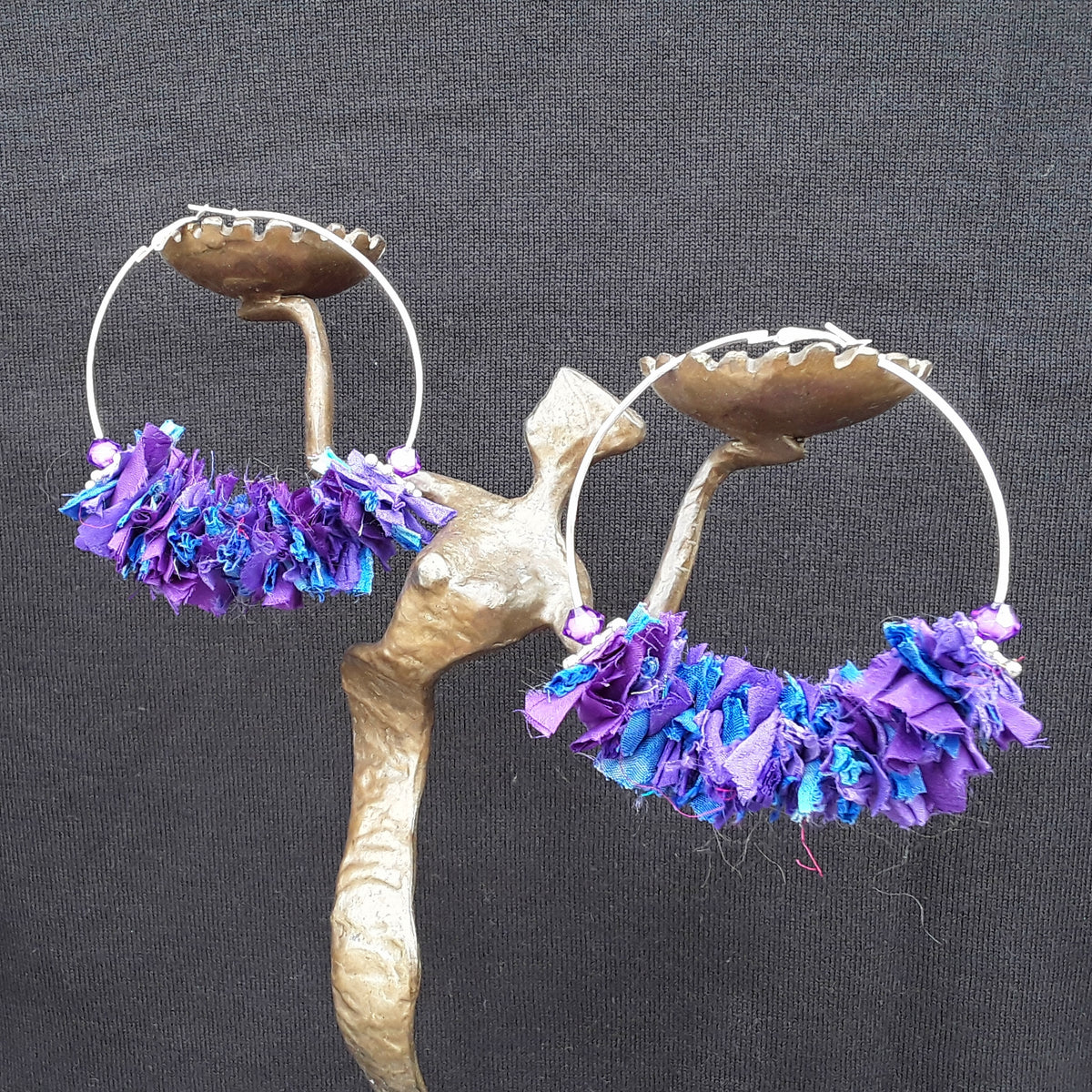 Violet Sari Silk Ribbon Huge Hoop Silver Plated Statement Earrings - Boho Fabric Earrings