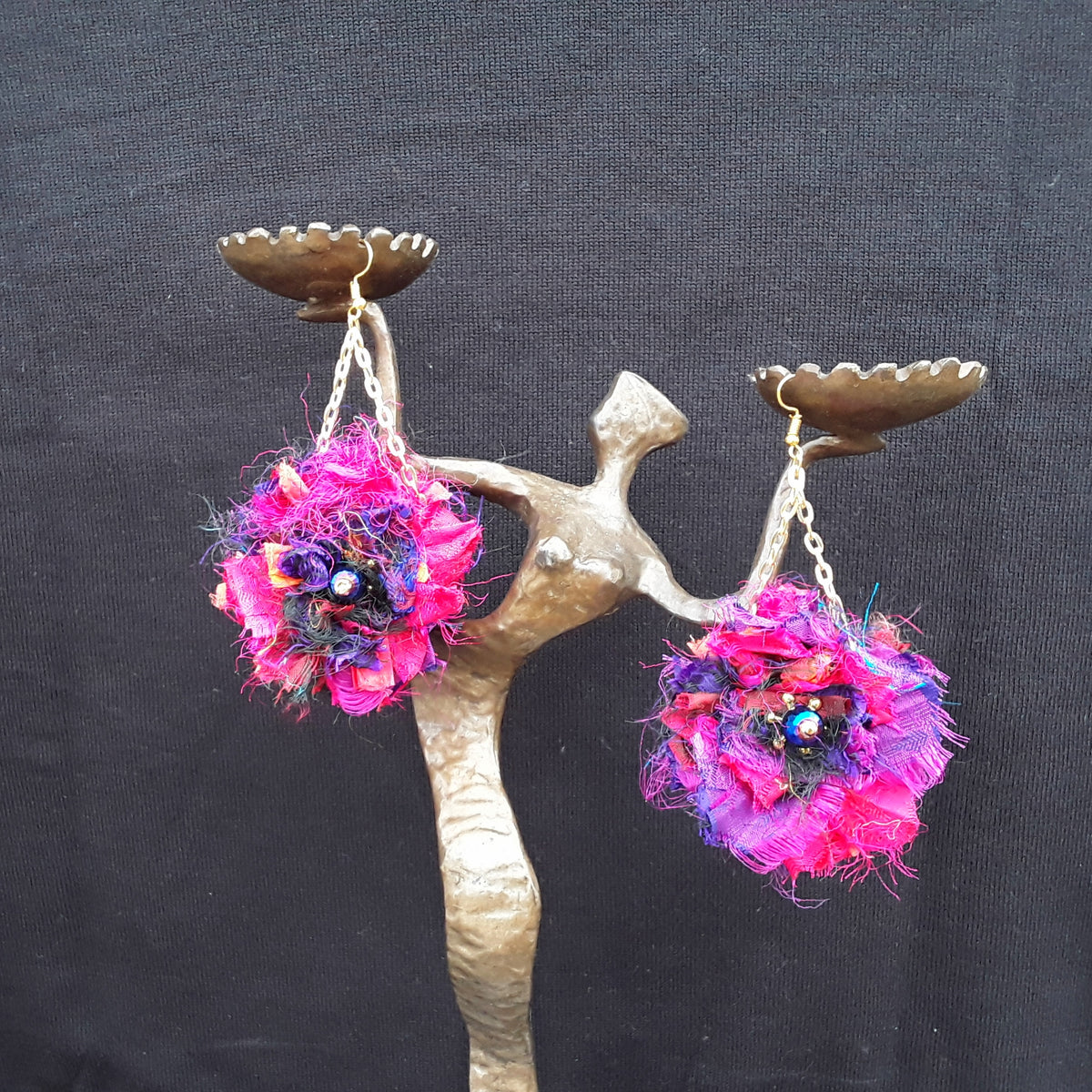 Jewel Tone Sari Silk Ribbon Dangle Flower Statement Earrings - Boho Fabric Earrings