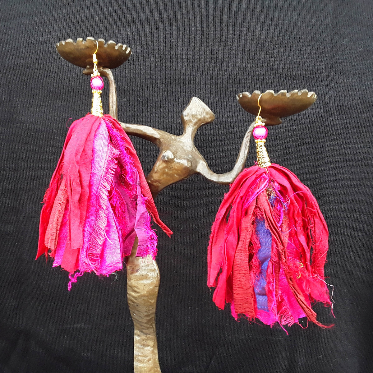Fuchsia  Sari Silk Ribbon Fuzzy Huge Boho Tassel Statement Earrings