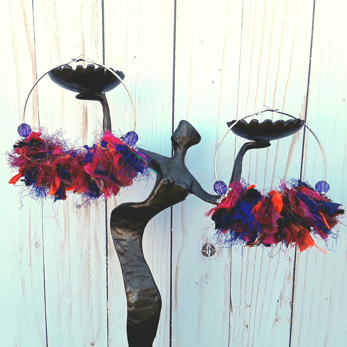 Boho Jewel Tone Huge Hoop Gold or Silver Plated Statement Earrings - Sari Silk Fabric Earrings