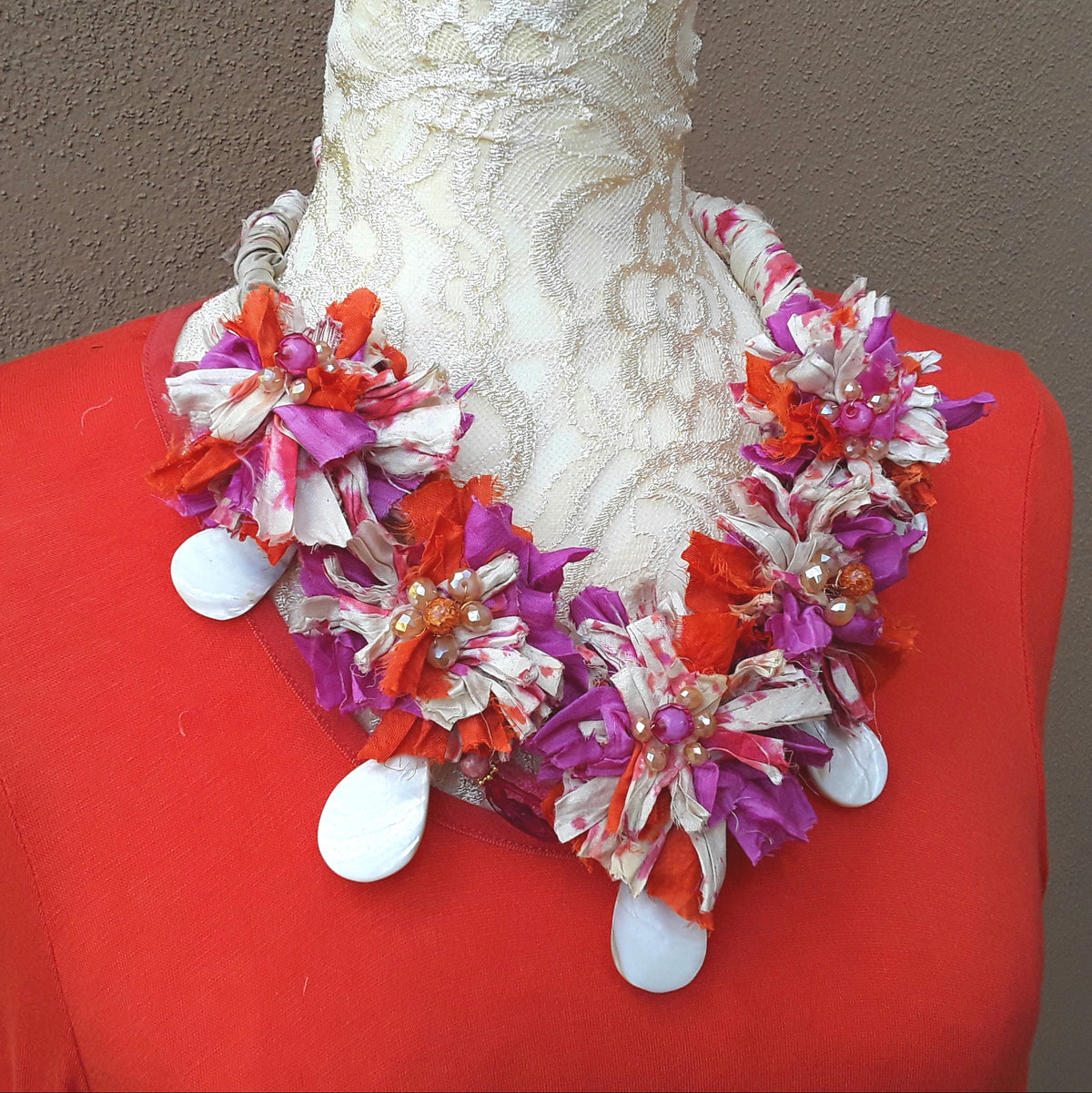 Pink & Orange Sari Statement Necklace, Silk Ribbon Boho Fabric Collar, Unique Gift for Her