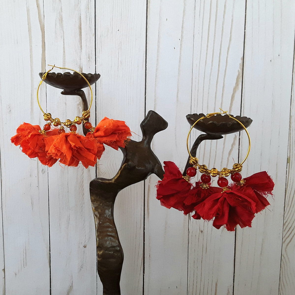 Red or Orange Sari Silk Ribbon Hoop Tassel Silver Plated Statement Earrings - Upcycled Boho Fabric Gift for Her