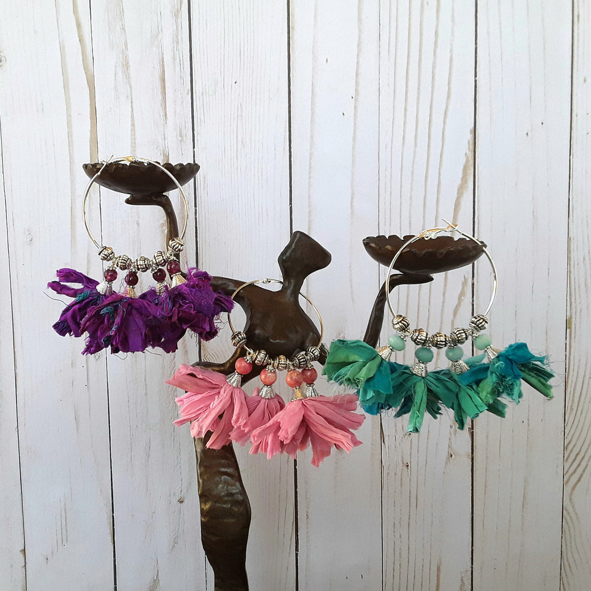 Sari Silk Ribbon Hoop Tassel Silver Plated Statement Earrings - Upcycled Boho Fabric Gift for Her