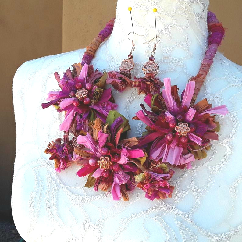 Boho Mauve Sari Silk Flower Statement Necklace - Unique Colorful Fabric Jewelry Gift for Her