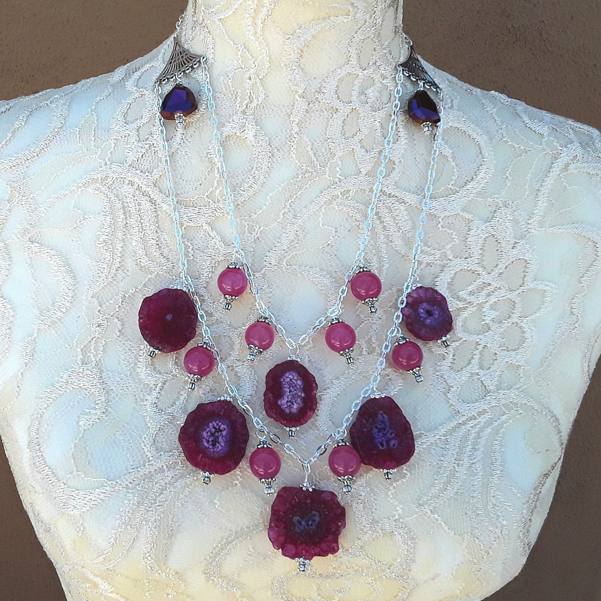 Rose & Solar Quartz Multi Strand Statement Necklace, Unique Gemstone Gift for Her
