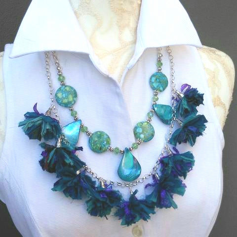 Unique Boho Tassel Multi-Strand Statement Necklace, Sari Silk Ribbon Collar, Gypsy Style Sautoir