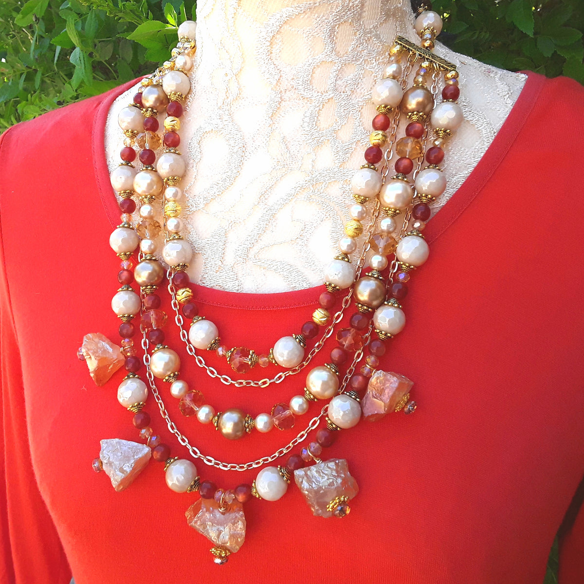 Bronze Quartz and Pearl Statement Necklace, Healing Quartz Chunky Necklace, Stone Statement Bib