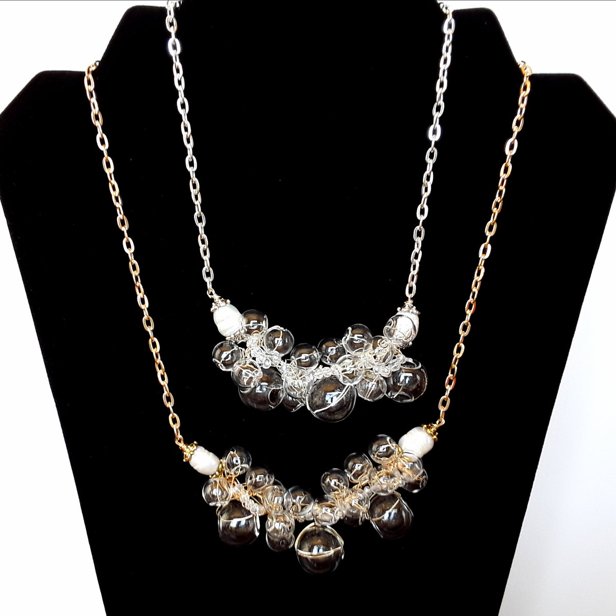 Bridal Clear Blown Glass Statement Necklace in Gold or Silver - Twisted Wire Cluster Bib