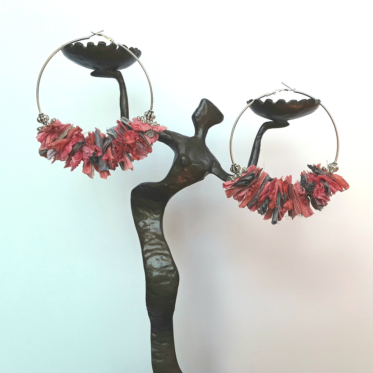 Huge Hoop Pink and Gray Silver Statement Earrings - Sari Silk Boho Fabric Earrings