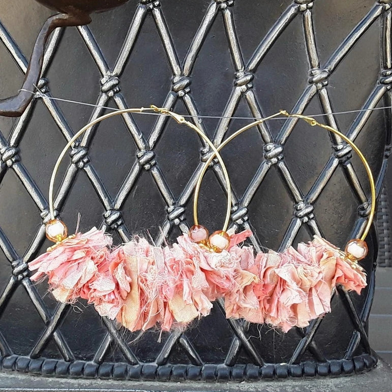 Peach Huge Hoop Gold Plated Statement Earrings - Sari Silk Boho Fabric Earrings