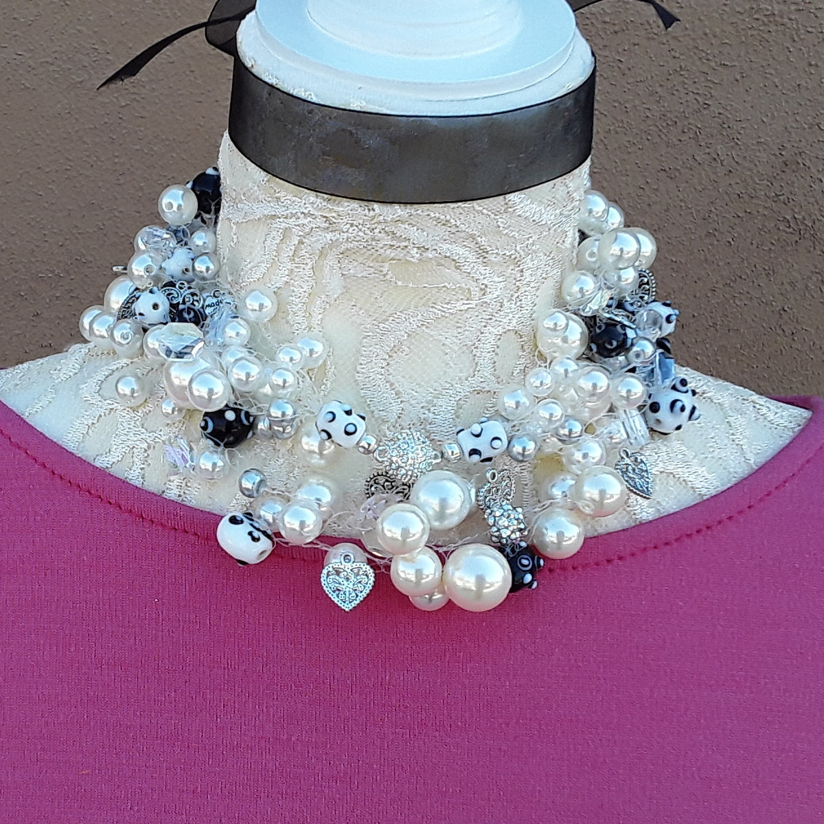 Black and White Pearl Statement Choker or Necklace, Multi-strand Crocheted Long Sautoir