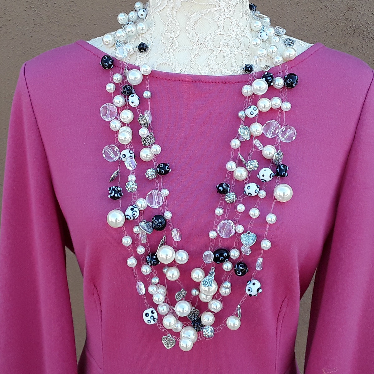 Black and White Pearl Statement Choker or Necklace, Multi-strand Crocheted Long Sautoir