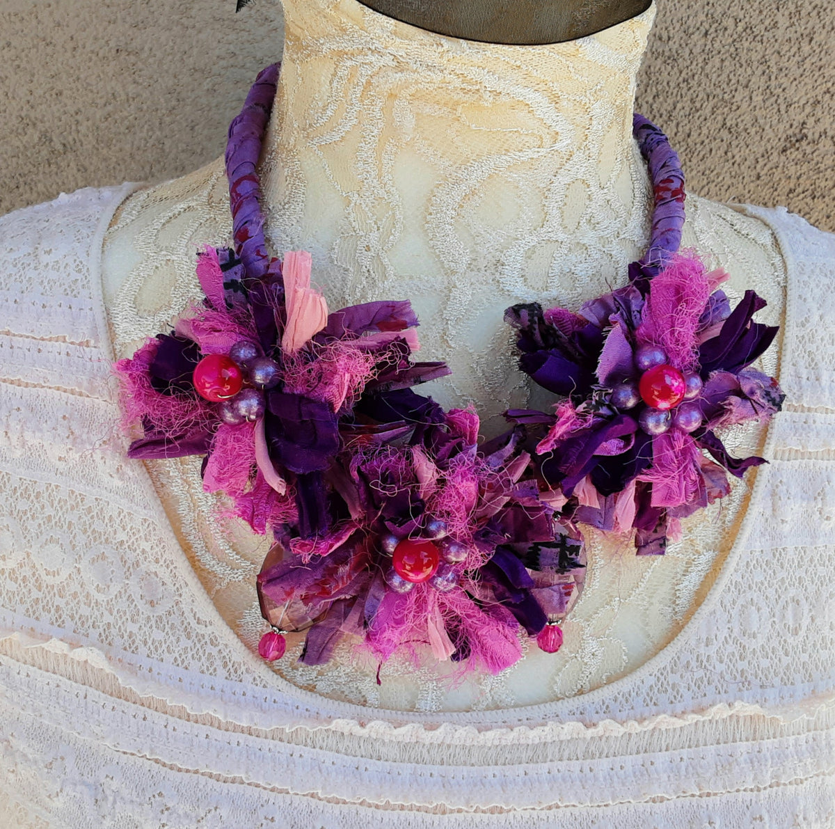 Violet Sari Silk Ribbon Flower Statement Necklace - Gypsy Style Gift for Her - Upcycled Jewelry