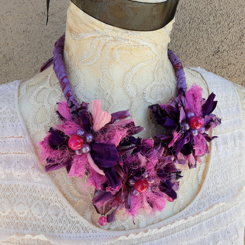 Violet Sari Silk Ribbon Flower Statement Necklace - Gypsy Style Gift for Her - Upcycled Jewelry