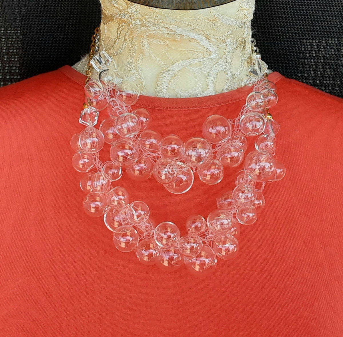 Clear Hand Blown All Glass Bubble Statement Necklace - Crocheted Gift for Her - Designer Inspired