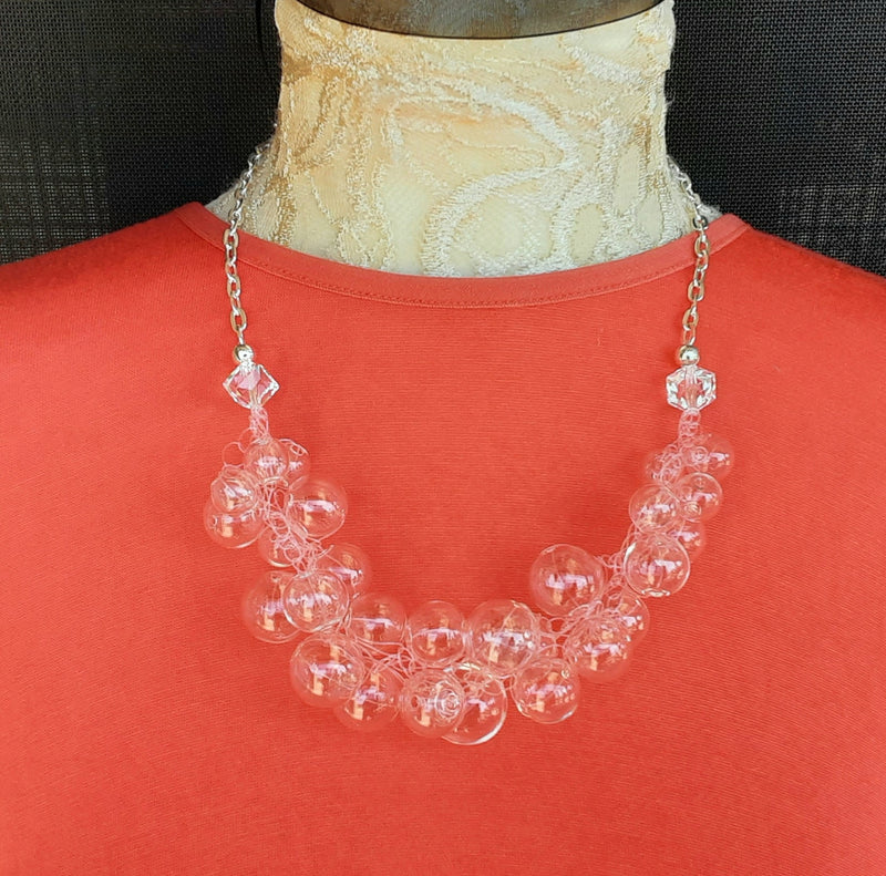 Clear Hand Blown All Glass Bubble Statement Necklace - Crocheted Gift for Her - Designer Inspired