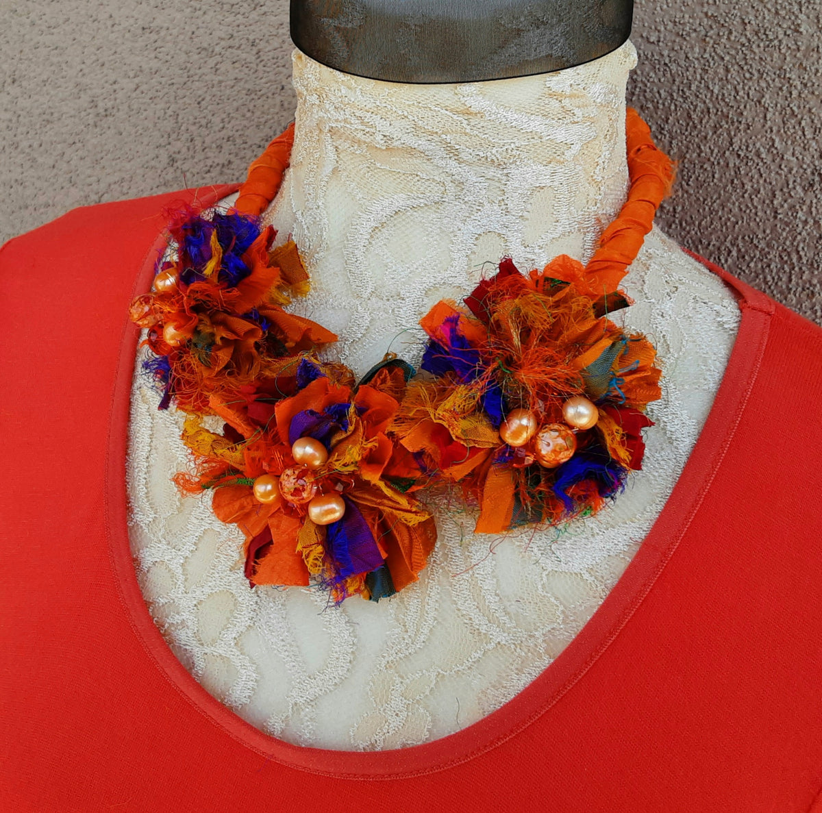 Boho Burnt Orange Orange Sari Silk Ribbon Flower Statement Necklace - Gypsy Style Fabric Jewelry Gift for Her