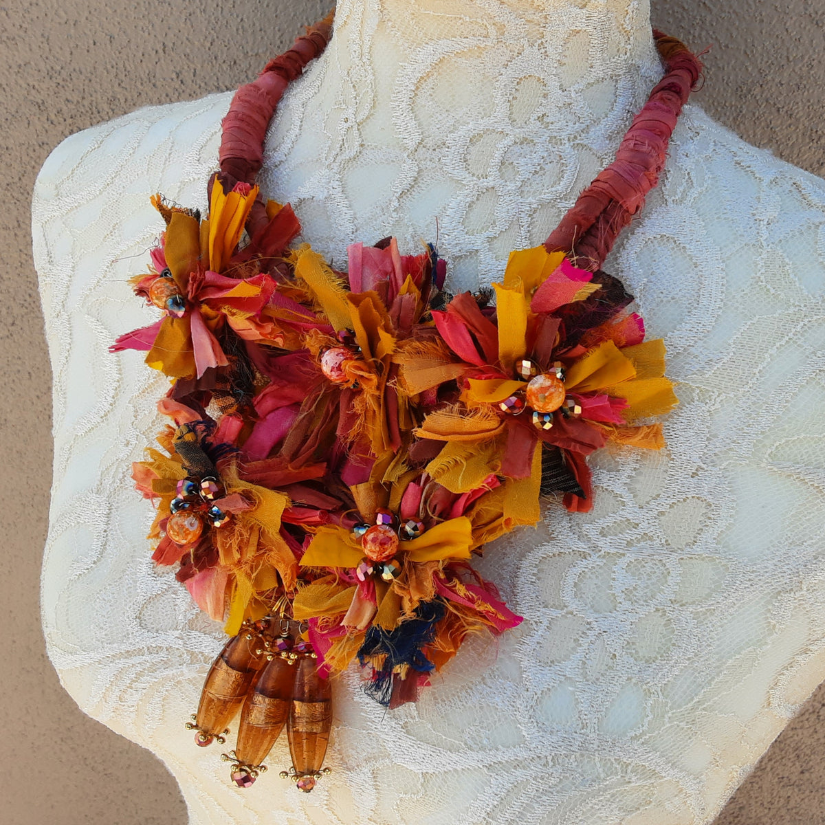 Burnt Orange Sari Ribbon Flower Statement Necklace, Festive Gypsy Style Collar, Gift for Her