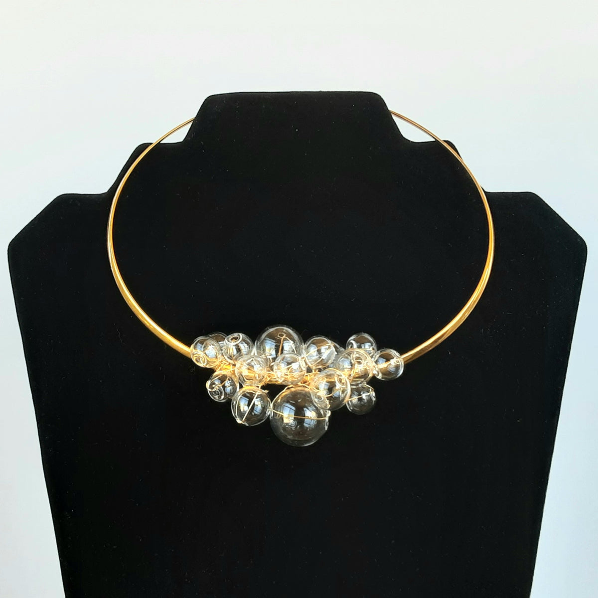 Clear Hand Blown Glass Wire Bridal Choker in Plated Gold or Silver - Unique Modern Bubble Gift for Her