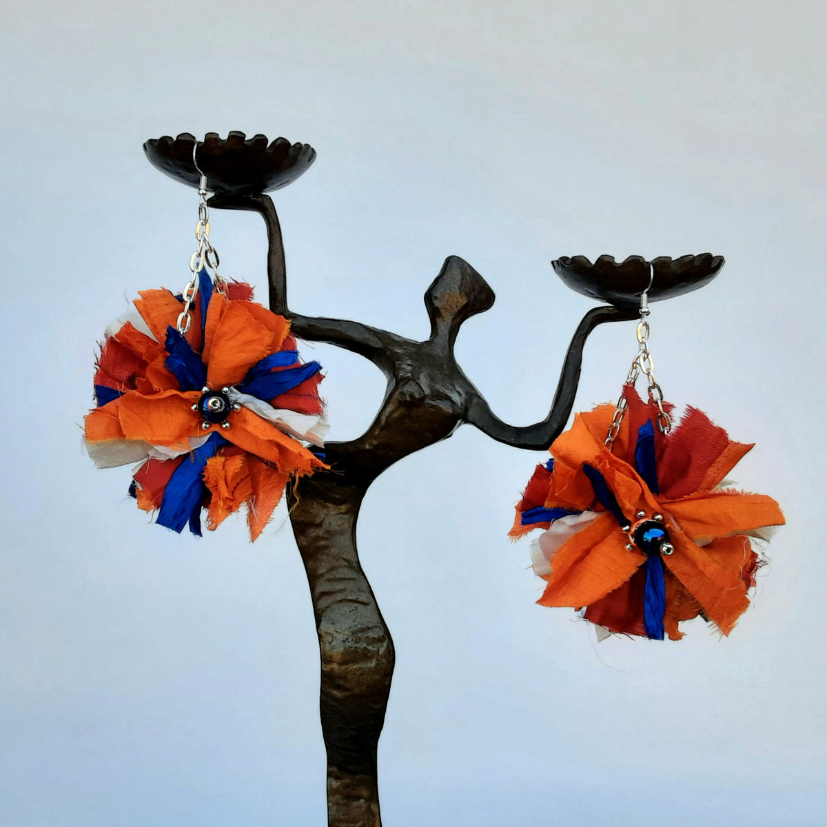 Boho Flower Statement Earrings - Burnt Orange Sari Ribbon Dangles - Unique Gift for Her