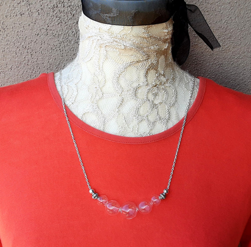 Hand Blown Glass Bubble Necklace, Glass Sterling Silver or Gold Plated Jewelry, Modern Sautoir