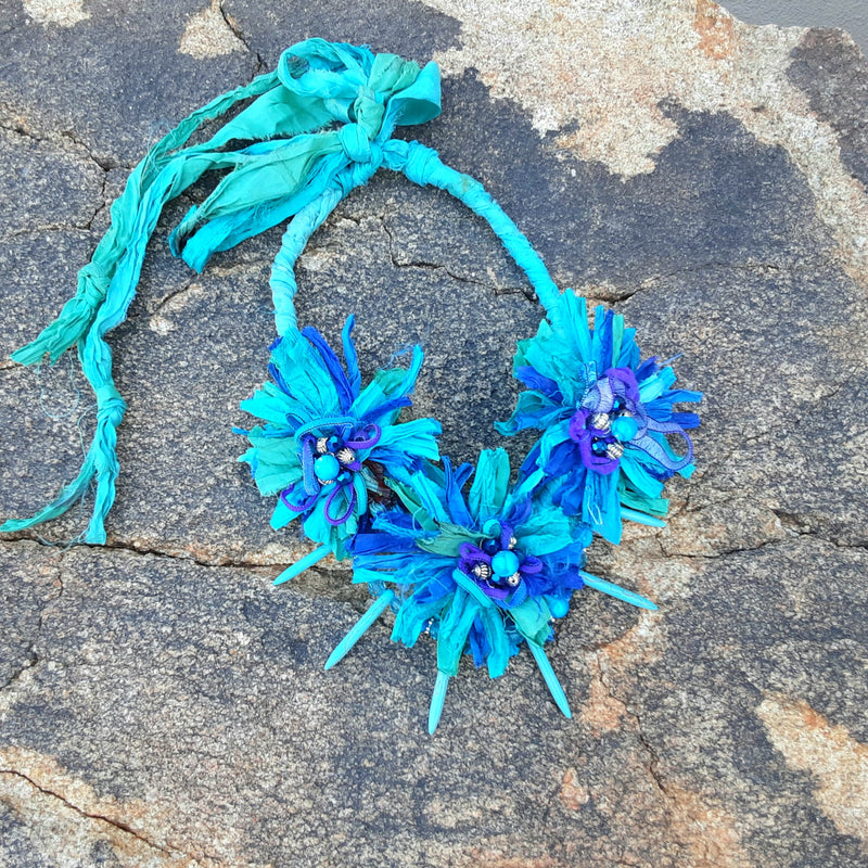 Boho Turquoise Flower Statement Necklace - Colorful Gypsy Style Gift for Her - Unique Sari Ribbon Collar