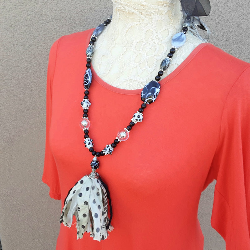 Boho Black & White Sari Tassel Statement Necklace - Beads and Fabric Holiday Gift for Her