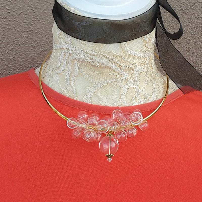 Clear Hand Blown Glass Wire Bridal Choker in Plated Gold or Silver - Unique Modern Bubble Gift for Her