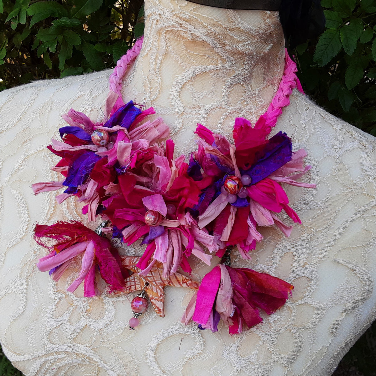 Boho Chic Flower Fiber Statement Necklace, Unique Purple & Pink Sari Ribbon Collar