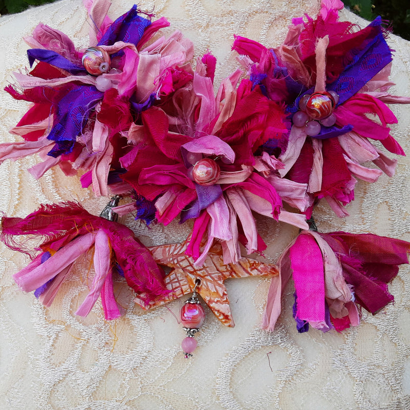 Boho Chic Flower Fiber Statement Necklace, Unique Purple & Pink Sari Ribbon Collar