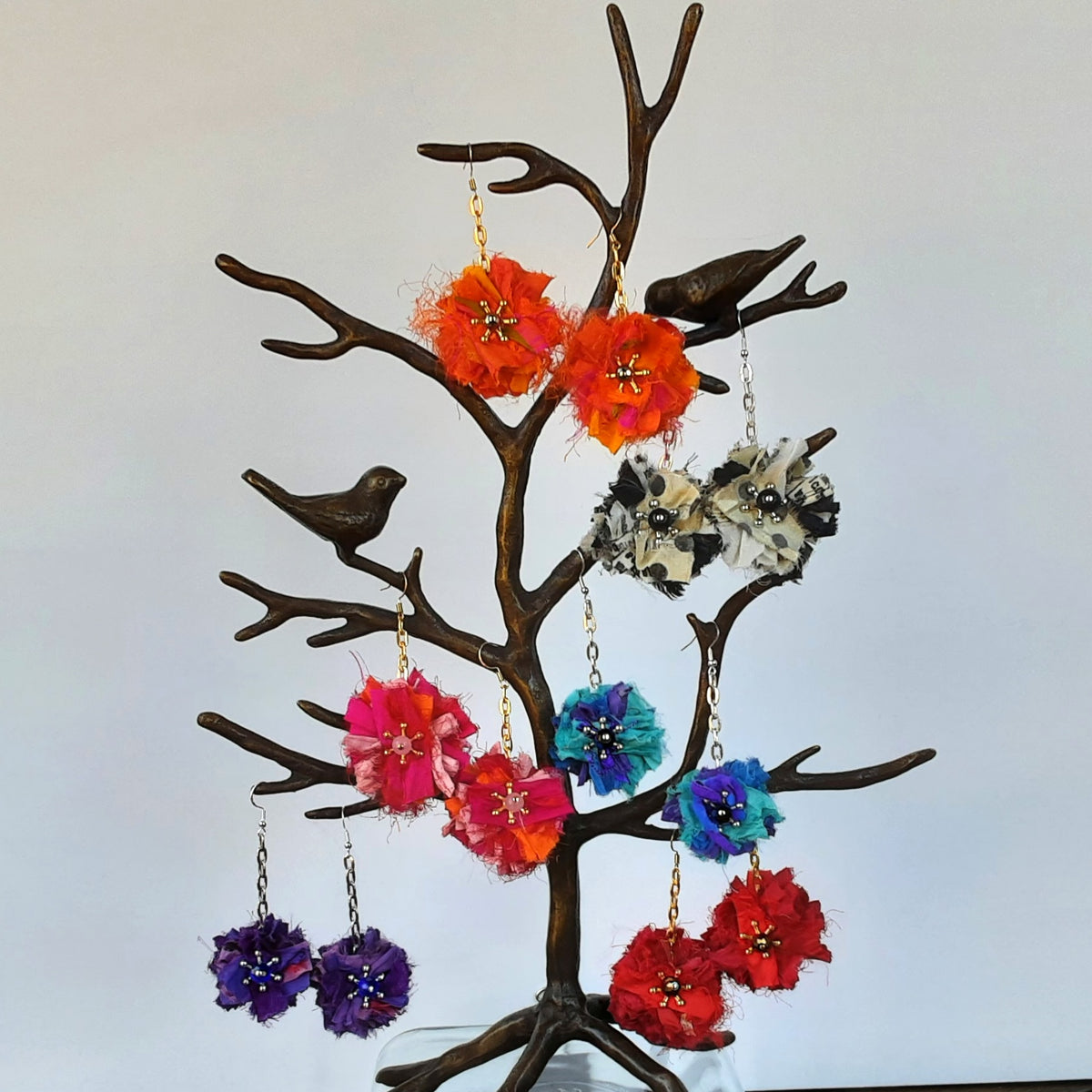 Colorful Sari Silk Ribbon Dangle Flower Statement Earrings - Boho Fabric Earrings