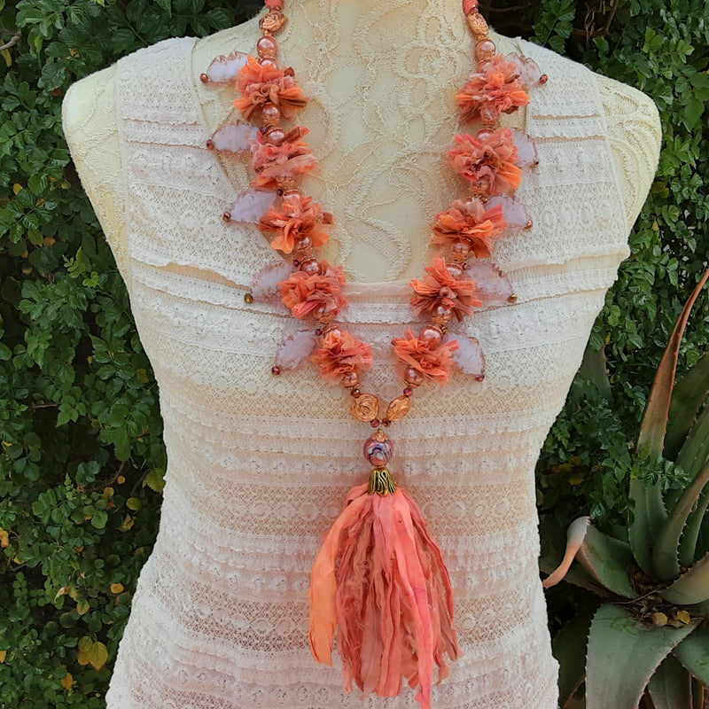 Sari Silk Statement Necklace, Apricot Boho Chic Tassel Sautoir, Unique Gift for Her