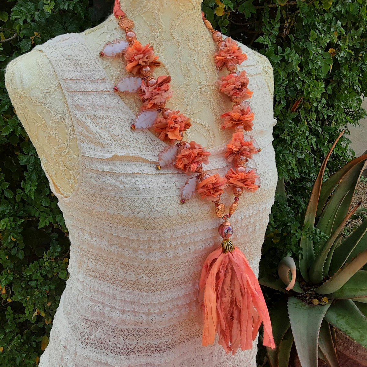 Sari Silk Statement Necklace, Apricot Boho Chic Tassel Sautoir, Unique Gift for Her